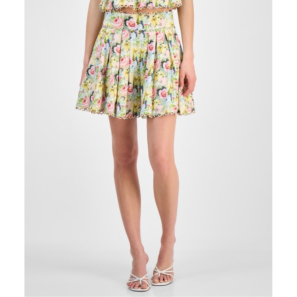 En Saison Floral Pleated Mini Skirt Scalloped Trim Cotton Multicolor Size L
